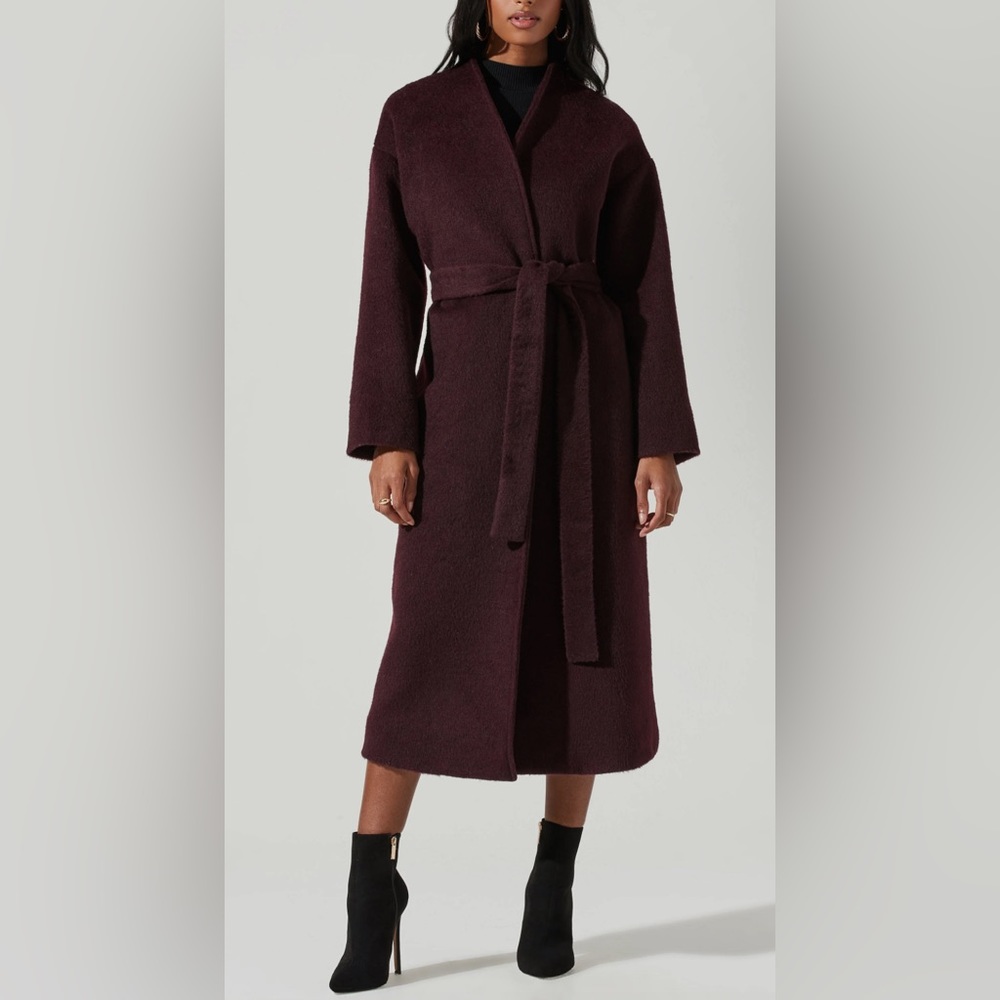 Astr Burgundy Wrap Belted Midi Trench Coat